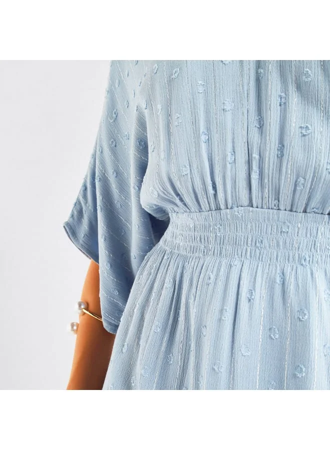 Splash FAV Textured V-neck Dress with Extended Sleeves and Flounce Hem