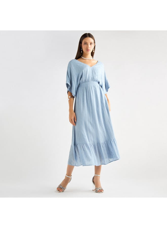 Splash FAV Textured V-neck Dress with Extended Sleeves and Flounce Hem  - Image 2