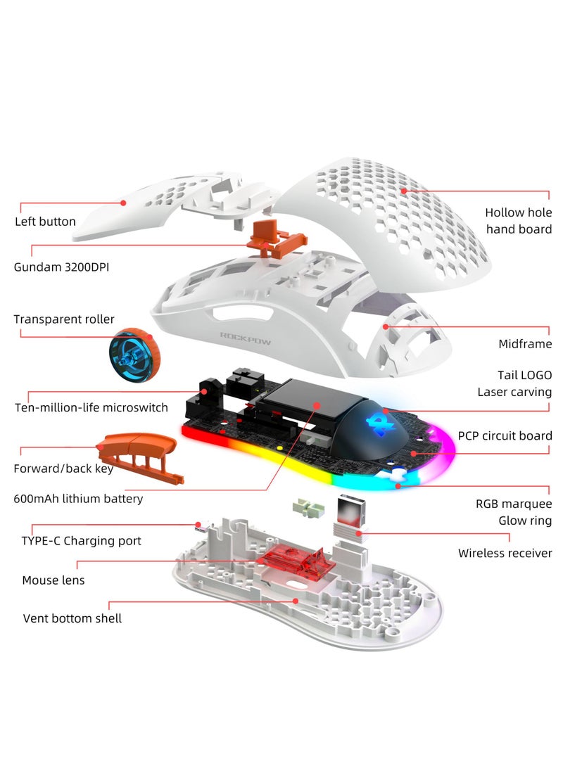 Rock Pow - Wireless Gaming Mouse Honeycomb Ultralight 6 Programmable Buttons Adjustable DPI Ergonomic Wireless Mouse RGB Backlight Optical Sensor Rechargeable Gaming Mice Mouse for Laptop Computer PC MAC - Image 1