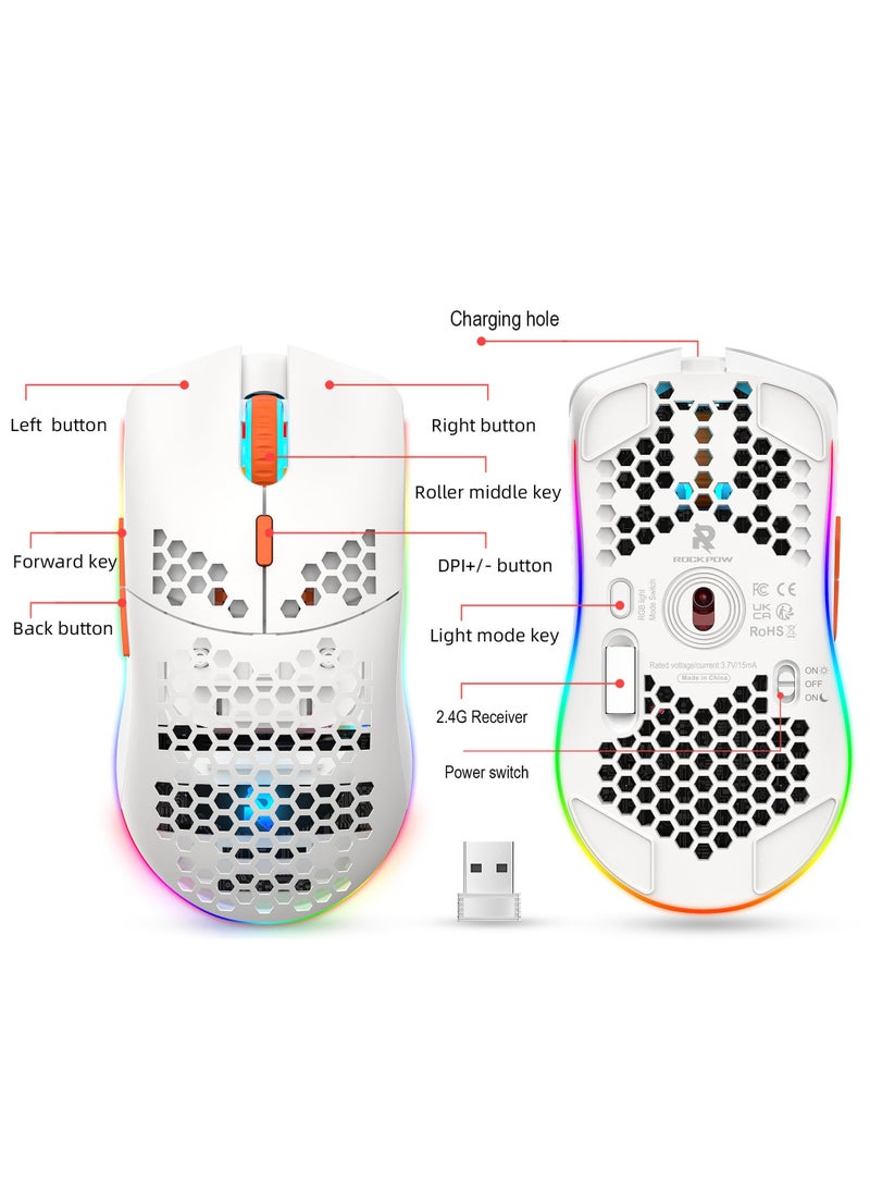 Rock Pow - Wireless Gaming Mouse Honeycomb Ultralight 6 Programmable Buttons Adjustable DPI Ergonomic Wireless Mouse RGB Backlight Optical Sensor Rechargeable Gaming Mice Mouse for Laptop Computer PC MAC - Image 1
