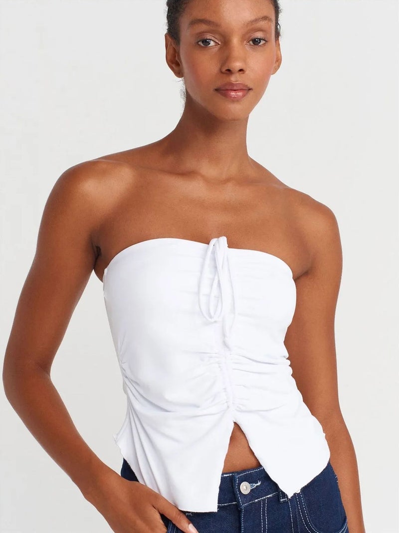 DILVIN Women’s Strapless Crop Blouse With Tie Detail - Image 3