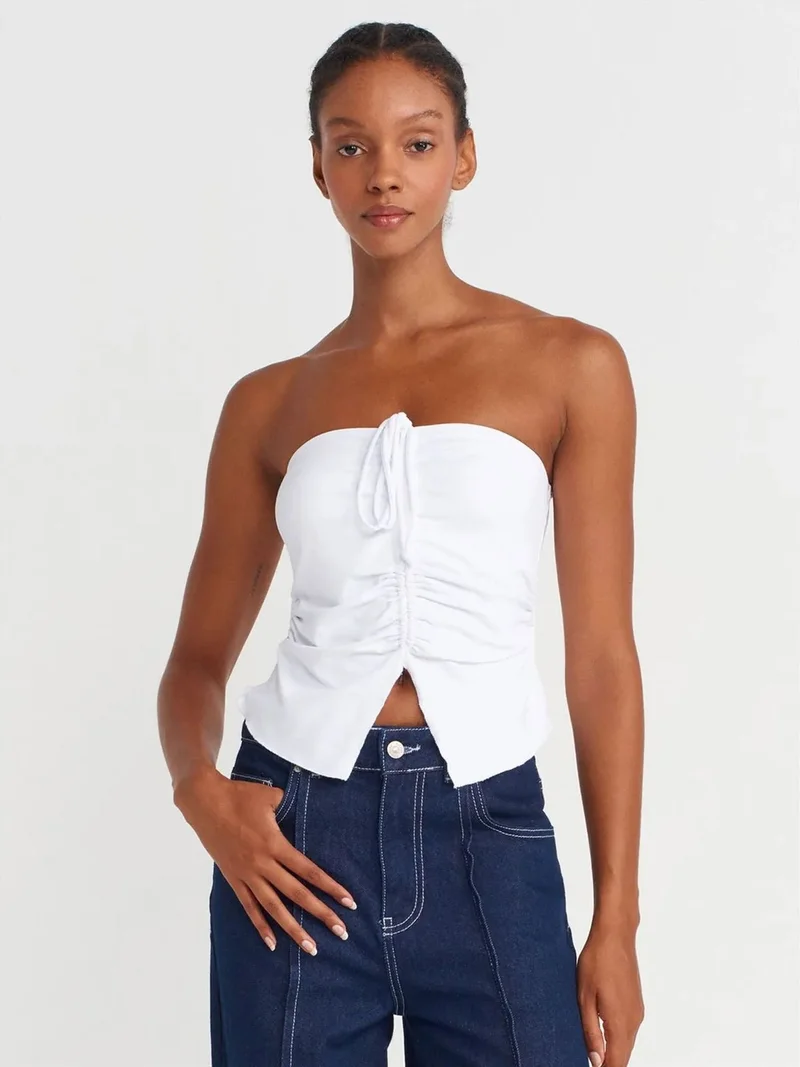 ديلفين Dilvin Women’s Strapless Crop Blouse With Tie Detail