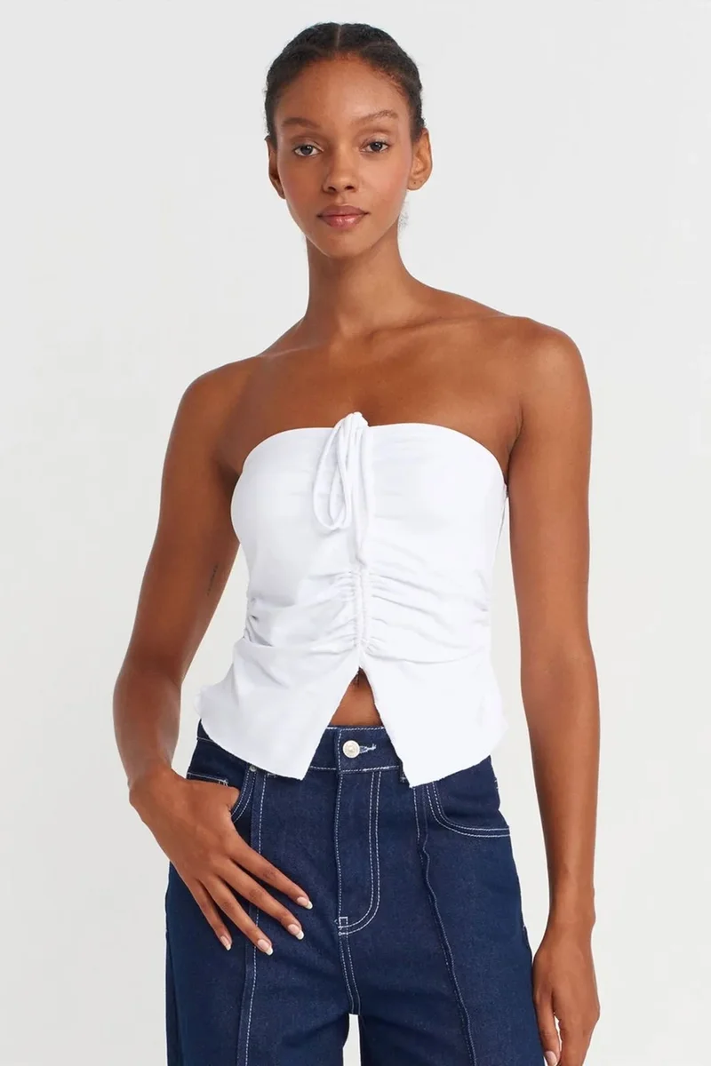 DILVIN Women’s Strapless Crop Blouse With Tie Detail