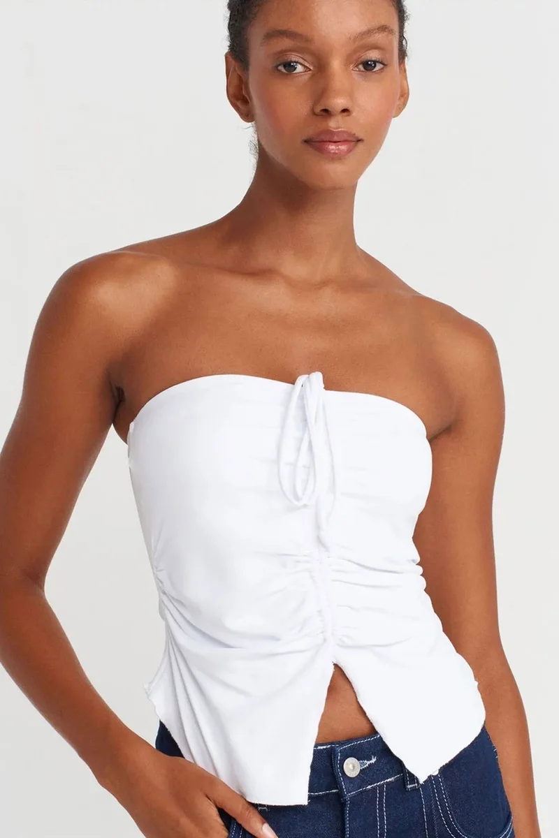 Dilvin White DILVIN Women’s Strapless Crop Blouse With Tie Detail for Women | Best Price UAE