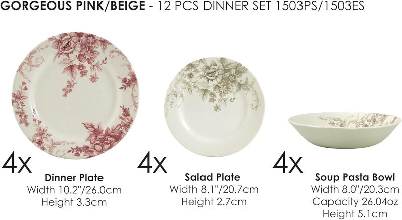 TUDOR ENGLAND مجموعة تودور رويال 12 قطعة من أدوات المائدة الخزفية الفاخرة لخدمة 4 أشخاص باللون الوردي الرائع، راجع المزيد من التصاميم بالداخل - Image 2