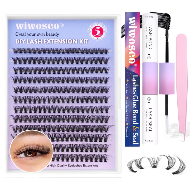 wiwoseo DIY Lash Extension Kit 240pcs Eyelash Extension Kit Individual Cluster Lashes Extension DD Curly Lashes with Lash Bond and Seal at Home Lash Extensions Kit for Self Application 30p 816mm