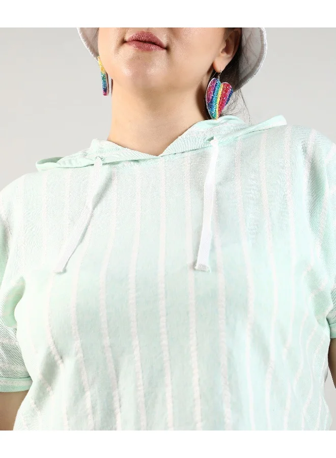 Instafab Plus Women's Mint Green Pinstripe Top For Casual Wear | Hooded Neck | Short Sleeve | Plus-Size Top Crafted With Regular Sleeve, Comfort Fit & High-Performance For Everyday Wear