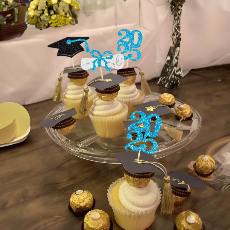 Ephlyn 24Pcs Graduation Cupcake Toppers Glitter Diploma Grad Cap Cake Decorations Cupcake Picks for Graduation Theme Party Cake Decoration Supplies Light Blue - Image 5