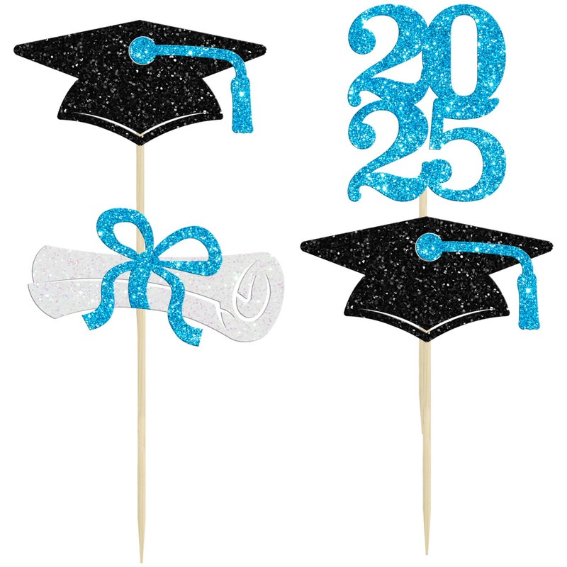 Ephlyn 24Pcs Graduation Cupcake Toppers Glitter Diploma Grad Cap Cake Decorations Cupcake Picks for Graduation Theme Party Cake Decoration Supplies Light Blue - Image 3