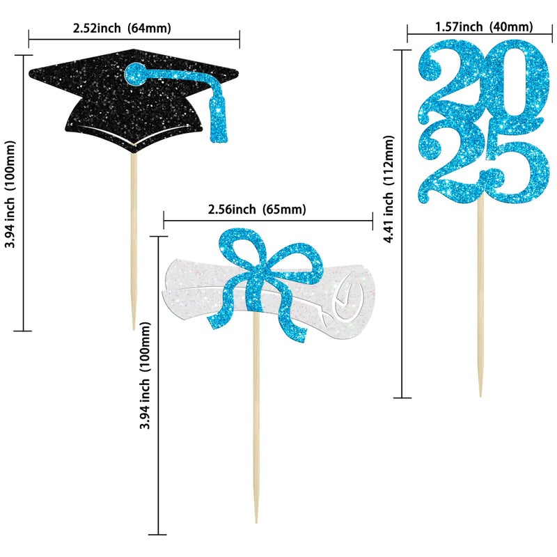 Ephlyn 24Pcs Graduation Cupcake Toppers Glitter Diploma Grad Cap Cake Decorations Cupcake Picks for Graduation Theme Party Cake Decoration Supplies Light Blue - Image 2