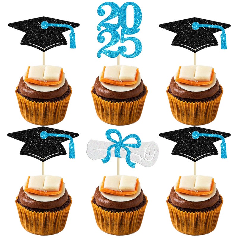 Ephlyn 24Pcs Graduation Cupcake Toppers Glitter Diploma Grad Cap Cake Decorations Cupcake Picks for Graduation Theme Party Cake Decoration Supplies Light Blue - Image 1