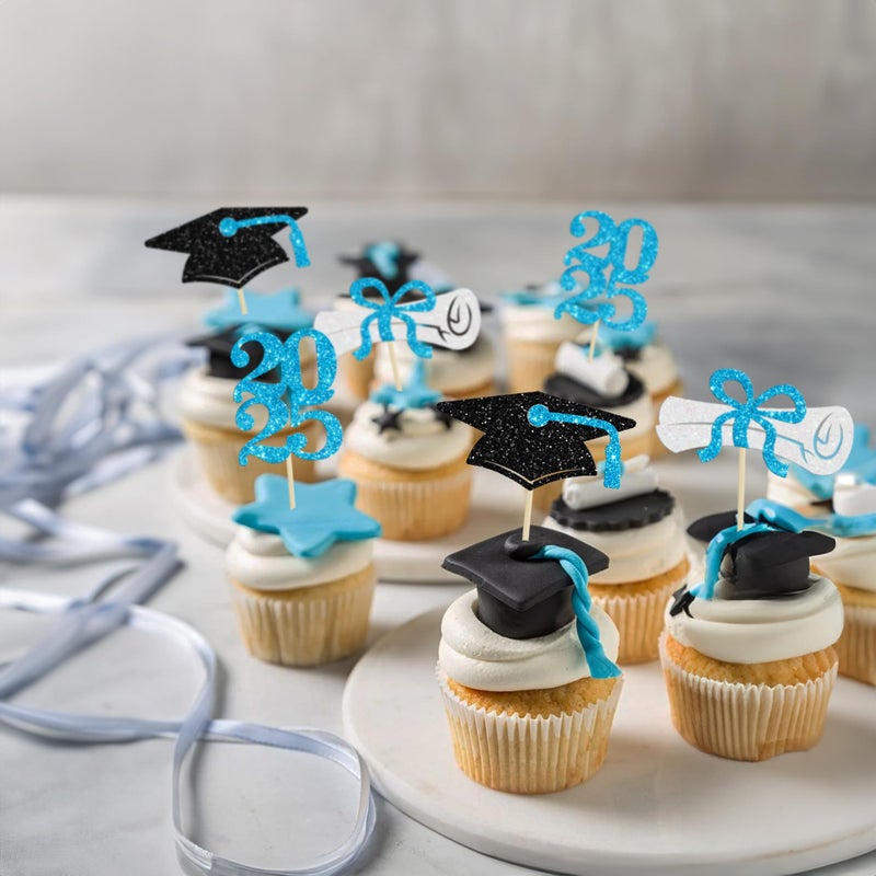Ephlyn 24Pcs Graduation Cupcake Toppers Glitter Diploma Grad Cap Cake Decorations Cupcake Picks for Graduation Theme Party Cake Decoration Supplies Light Blue - Image 4