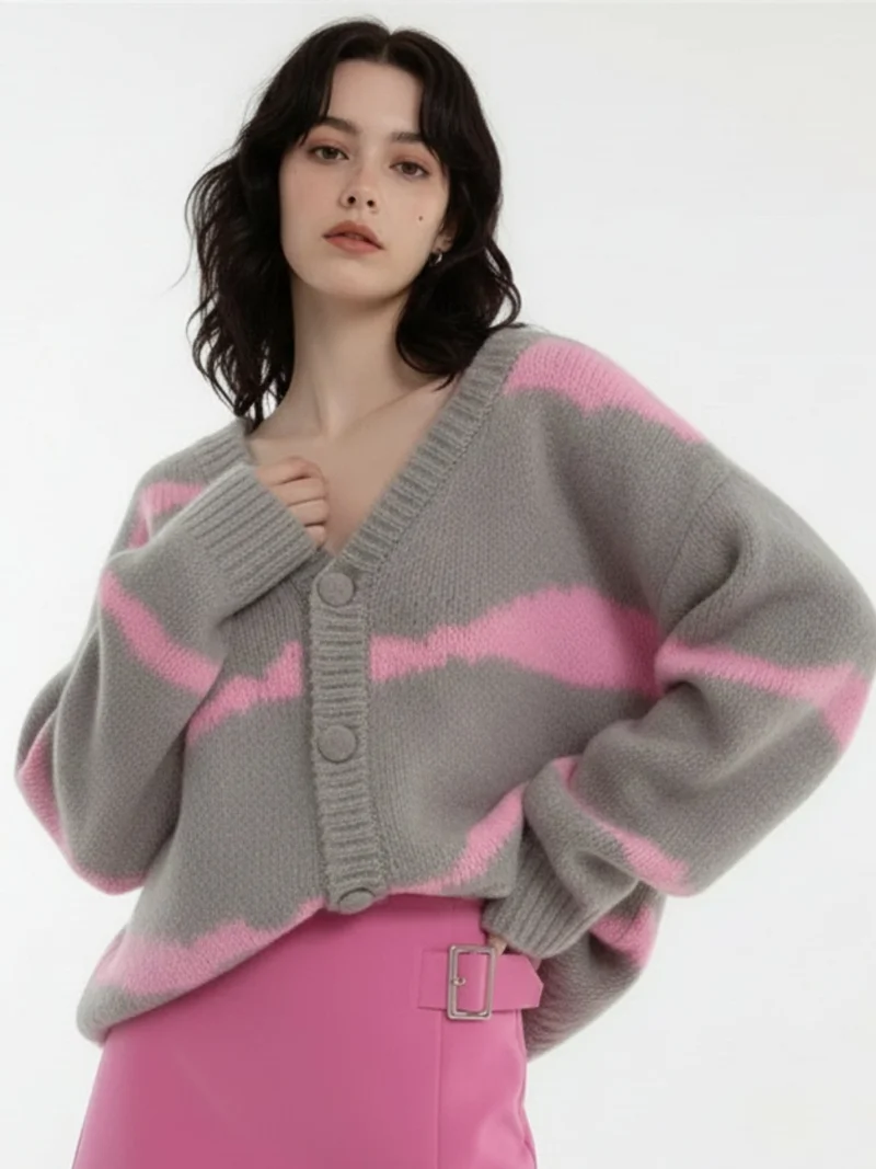 أوجيدر Grey Front Buttoned Slouchy Cardigan