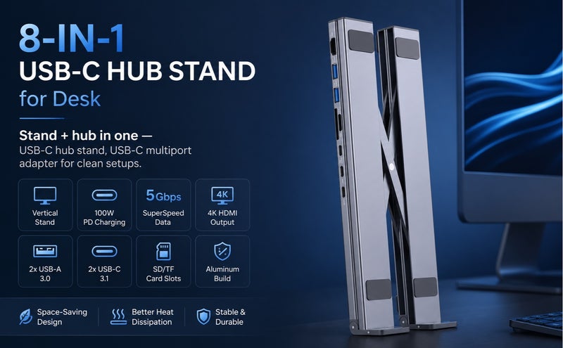 يوبلو حامل موزع USB-C من UBLUE، بقدرة 100 واط بتقنية الشحن السريع PD، محول متعدد المنافذ 8 في 1 من النوع C، يدعم دقة 4K بمعدل 30 هرتز، منفذ HDMI، منفذ بيانات، منفذي USB-A بسرعة 5 جيجابت في الثانية، منفذ بطاقة SD/TF، ​​دونجل، فضي اللون - Image 2