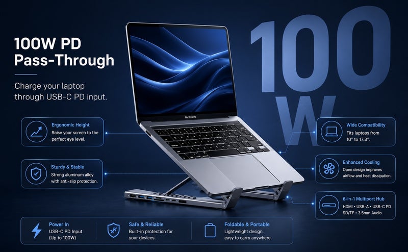 يوبلو حامل موزع USB-C من UBLUE، بقدرة 100 واط بتقنية الشحن السريع PD، محول متعدد المنافذ 8 في 1 من النوع C، يدعم دقة 4K بمعدل 30 هرتز، منفذ HDMI، منفذ بيانات، منفذي USB-A بسرعة 5 جيجابت في الثانية، منفذ بطاقة SD/TF، ​​دونجل، فضي اللون - Image 3