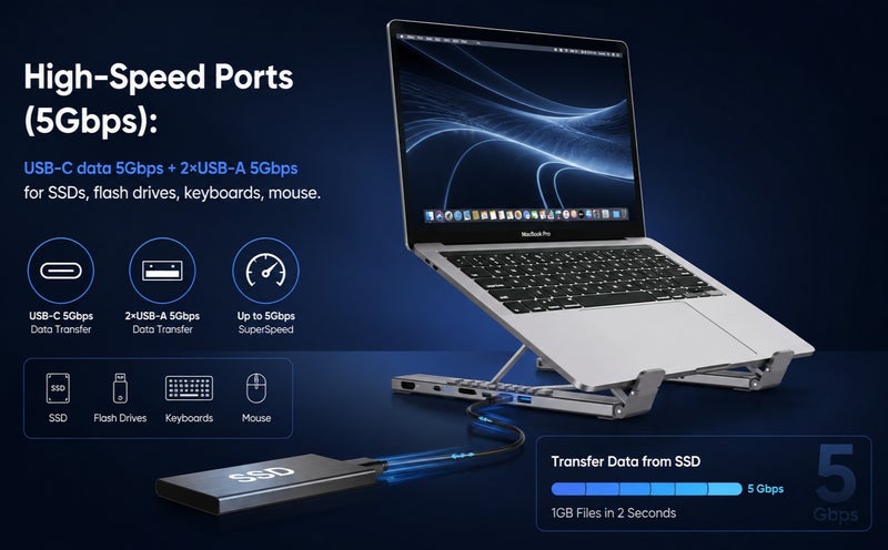 يوبلو حامل موزع USB-C من UBLUE، بقدرة 100 واط بتقنية الشحن السريع PD، محول متعدد المنافذ 8 في 1 من النوع C، يدعم دقة 4K بمعدل 30 هرتز، منفذ HDMI، منفذ بيانات، منفذي USB-A بسرعة 5 جيجابت في الثانية، منفذ بطاقة SD/TF، ​​دونجل، فضي اللون - Image 4