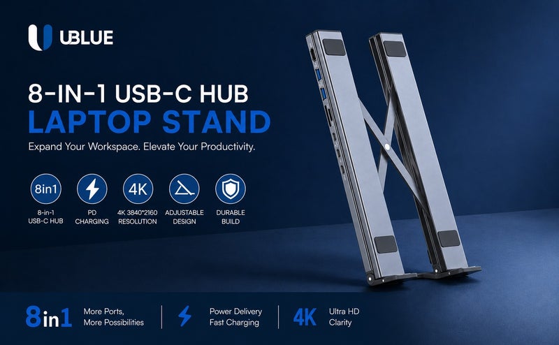 يوبلو حامل موزع USB-C من UBLUE، بقدرة 100 واط بتقنية الشحن السريع PD، محول متعدد المنافذ 8 في 1 من النوع C، يدعم دقة 4K بمعدل 30 هرتز، منفذ HDMI، منفذ بيانات، منفذي USB-A بسرعة 5 جيجابت في الثانية، منفذ بطاقة SD/TF، ​​دونجل، فضي اللون - Image 5