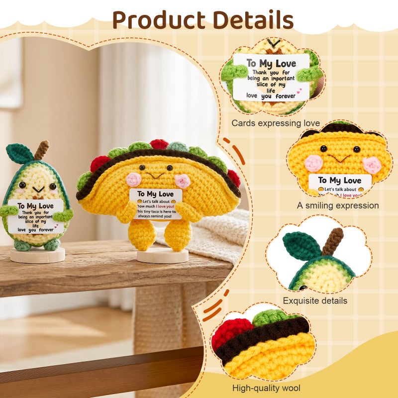 Bafeil Valentines Day Gift for Him Her, Handmade Crochet Taco & Avocado with Wooden Base & Gift Box to My Love, 2 Pcs Romantic I Love You Valentines Gift for Couples Wife Husband Boyfriend Women - Image 3