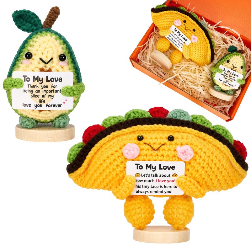 Bafeil Valentines Day Gift for Him Her, Handmade Crochet Taco & Avocado with Wooden Base & Gift Box to My Love, 2 Pcs Romantic I Love You Valentines Gift for Couples Wife Husband Boyfriend Women - Image 1