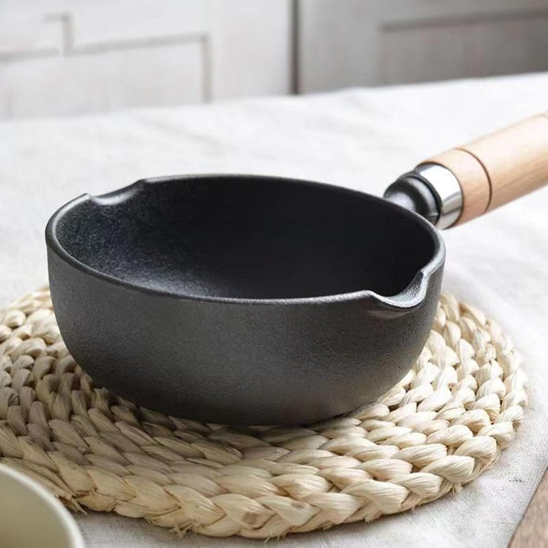 Tnfeeon Cast Iron Melting Pot, Even Heating Small Saucepan with Wooden Handle for Stir Fry Cooking and Kitchen Use (M 100x70cm / 39.37x27.56in) - Image 2