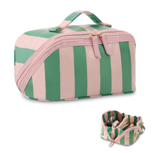 DYSHAYEN Stripe Travel Makeup Bag with Compartments Clear Coated Cosmetic Bag for Women Waterproof Portable Open Flat Toiletry bag PinkGreen - Image 1