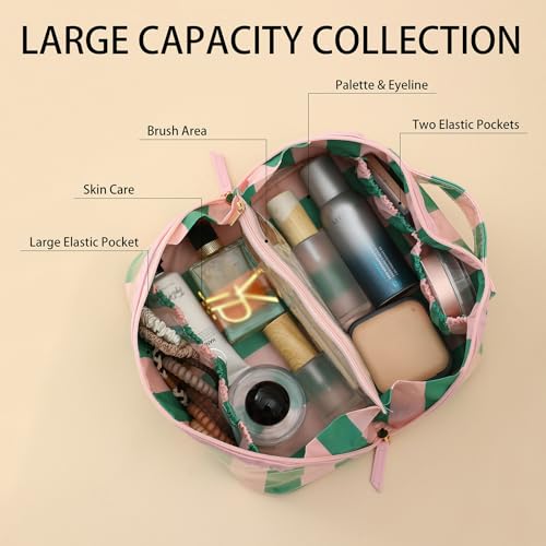DYSHAYEN Stripe Travel Makeup Bag with Compartments Clear Coated Cosmetic Bag for Women Waterproof Portable Open Flat Toiletry bag PinkGreen - Image 3