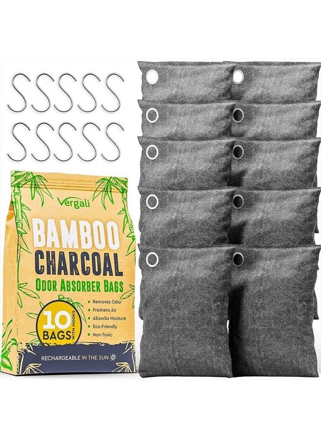 Vergali Bamboo Charcoal Bags Odor Absorber 10x100g w Hooks. Nature Fresh Bamboo Charcoal Air Purifying Bags Activated Charcoal Odor Absorbers for Home, Charcoal Deodorizer Bags and Shoe Closet Odor Eliminator - Image 1