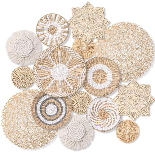 Anglechic 15 Pcs Boho Wall Basket Decor Woven Rattan Seagrass Wall Decor Hanging Rustic Farmhouse Western Art Decoration for Nursery Living Room Bedroom Home Kitchen(Grey White Style) - Image 1
