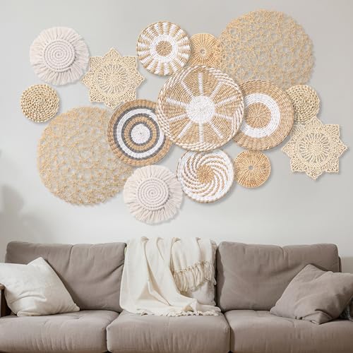 Anglechic 15 Pcs Boho Wall Basket Decor Woven Rattan Seagrass Wall Decor Hanging Rustic Farmhouse Western Art Decoration for Nursery Living Room Bedroom Home Kitchen(Grey White Style) - Image 5