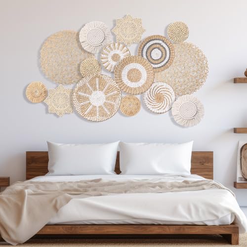 Anglechic 15 Pcs Boho Wall Basket Decor Woven Rattan Seagrass Wall Decor Hanging Rustic Farmhouse Western Art Decoration for Nursery Living Room Bedroom Home Kitchen(Grey White Style) - Image 2