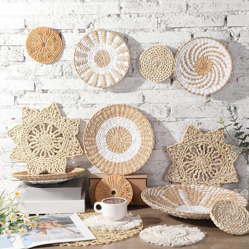Anglechic 15 Pcs Boho Wall Basket Decor Woven Rattan Seagrass Wall Decor Hanging Rustic Farmhouse Western Art Decoration for Nursery Living Room Bedroom Home Kitchen(Grey White Style) - Image 4