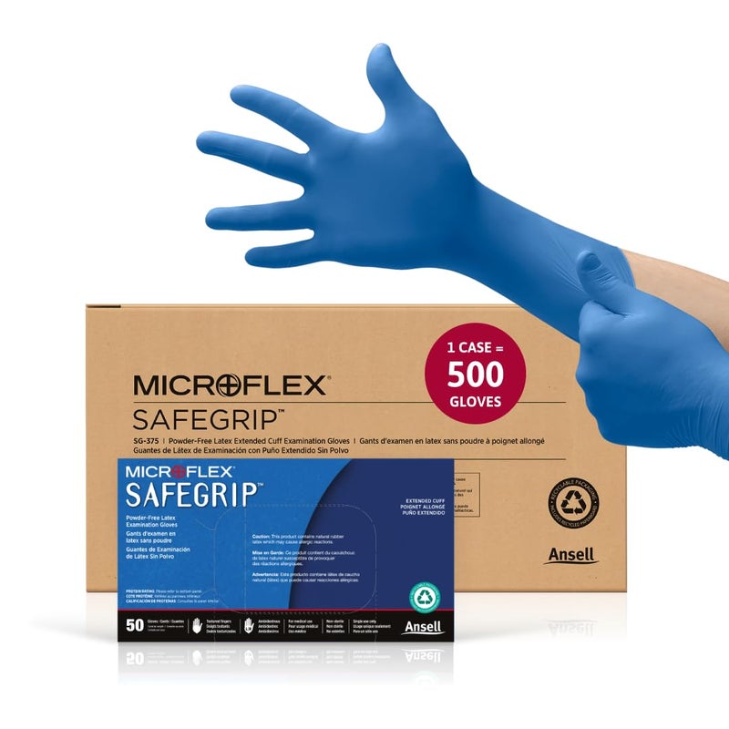 Ansell MICROFLEX SafeGrip SG-375 Extra Thick Disposable Latex Gloves for Life Sciences, Automotive w/Textured Fingertips - XL, Blue (Box of 50) - Image 1