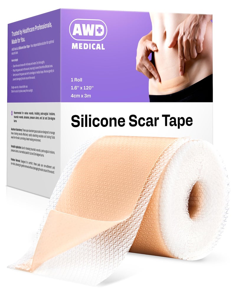 AWD Medical AWD Silicone Scar Sheets for Surgical Scars - Seamless Medical Grade Silicone Scar Tape for C Section, Tummy Tuck Tape - Silicone Skin Patches After Surgery Must Haves (1.6" x 120" Roll) - Image 1