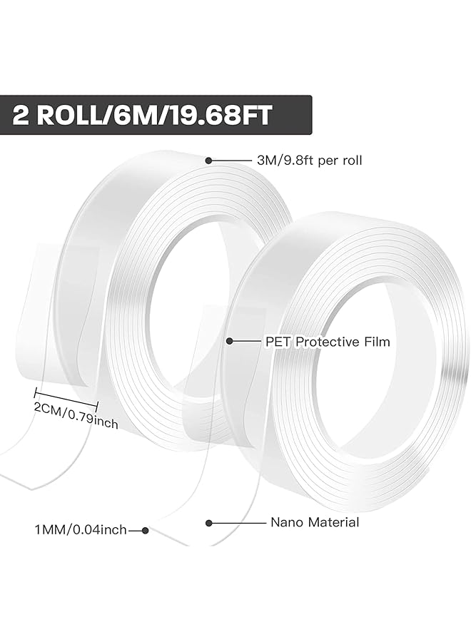إيروريكس عبوتان من شريط نانو مزدوج الجوانب، شريط نانو لاصق قوي قابل لإعادة الاستخدام وقابل للغسل ولا يترك أثرًا، شريط جل قوي للسجاد والصور والملصقات والجدران وحفلات المطبخ، 3 متر × 2 سم - Image 2