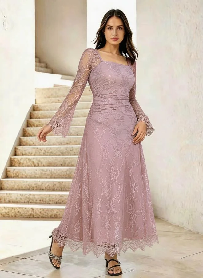 Take Two Pink Floral Lace Square Neck Maxi Dress