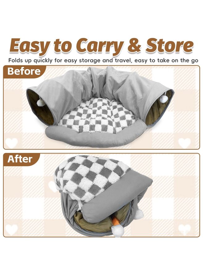 Bunny Tunnel Bed, 2-in-1 Collapsible Tunnel Tubes Toys with Removable Mat Hideout for Cats Kittens Rabbits Kitty (Grey) - Image 3