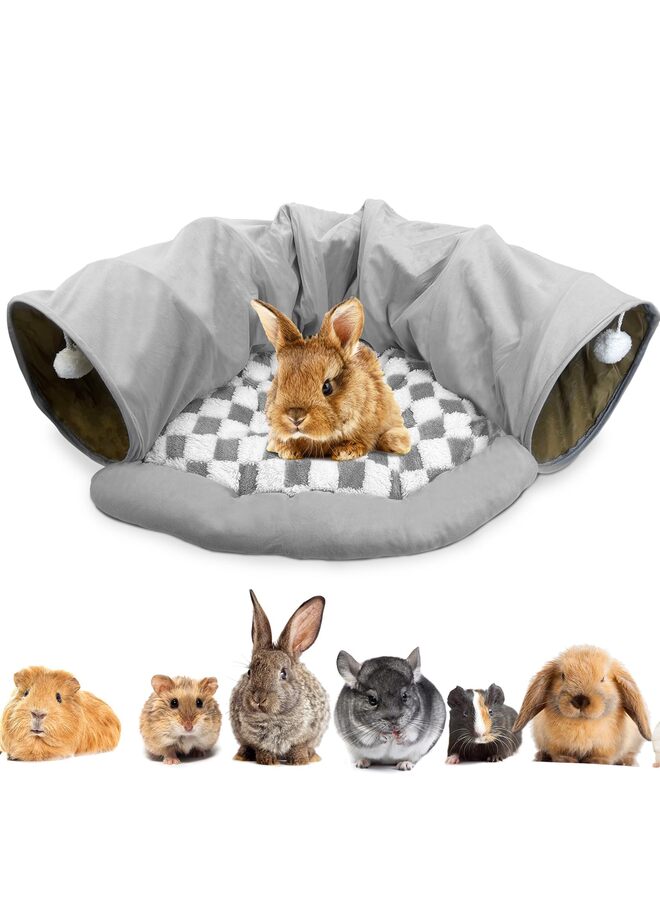 Bunny Tunnel Bed, 2-in-1 Collapsible Tunnel Tubes Toys with Removable Mat Hideout for Cats Kittens Rabbits Kitty (Grey) - Image 1