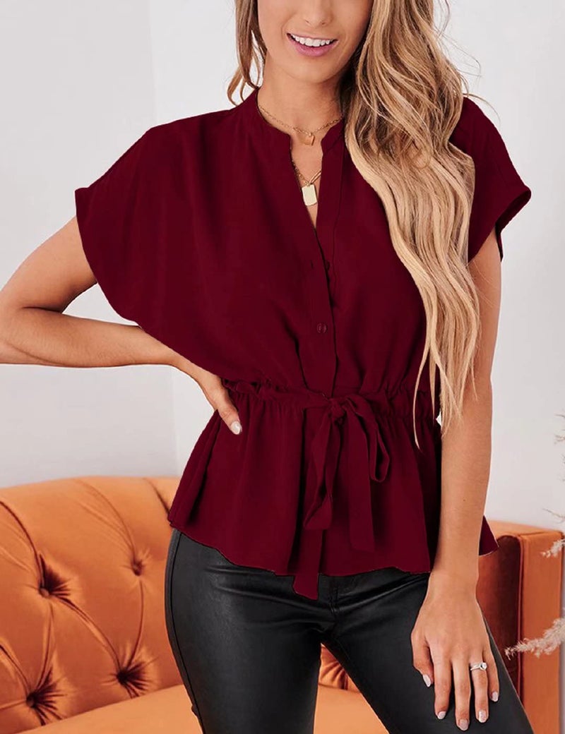 CiCiBird Womens Button Down Blouses Casual Peplum Summer Tops Dressy Chiffon Work Blouse Red - Image 3