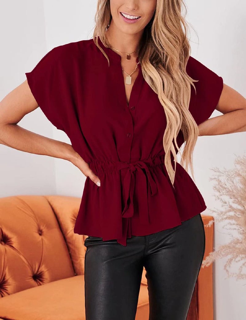 CiCiBird Womens Button Down Blouses Casual Peplum Summer Tops Dressy Chiffon Work Blouse Red - Image 4