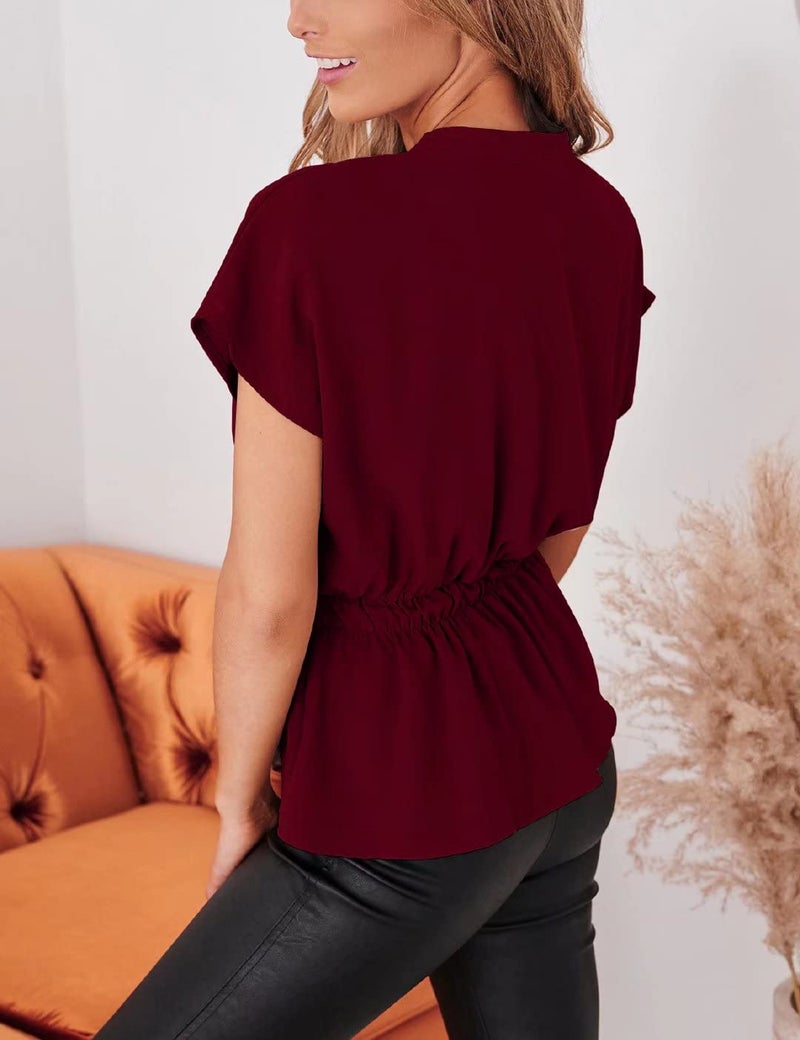 CiCiBird Womens Button Down Blouses Casual Peplum Summer Tops Dressy Chiffon Work Blouse Red - Image 2