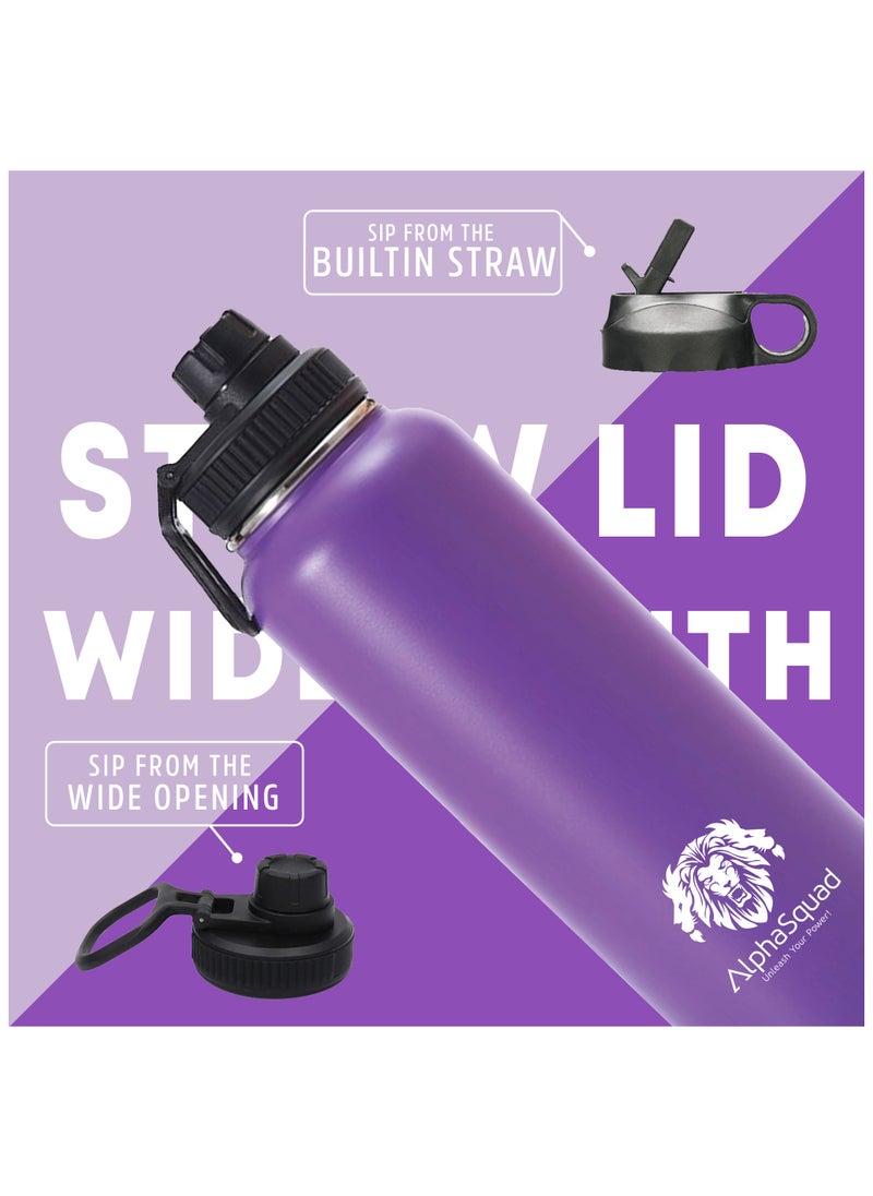 AlphaSquad - 40Oz / 1200Ml Vacuum Insulated Flask, Double Walled Thermolab Series Stainless Steel Sports Water Bottle With Straw Lid, 2 Lids Included, Hot Cold Thermos, Sports Bottle (Purple) - Image 1