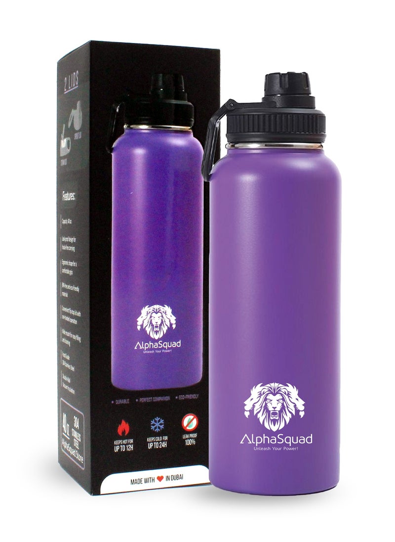 AlphaSquad - 40Oz / 1200Ml Vacuum Insulated Flask, Double Walled Thermolab Series Stainless Steel Sports Water Bottle With Straw Lid, 2 Lids Included, Hot Cold Thermos, Sports Bottle (Purple) - Image 1