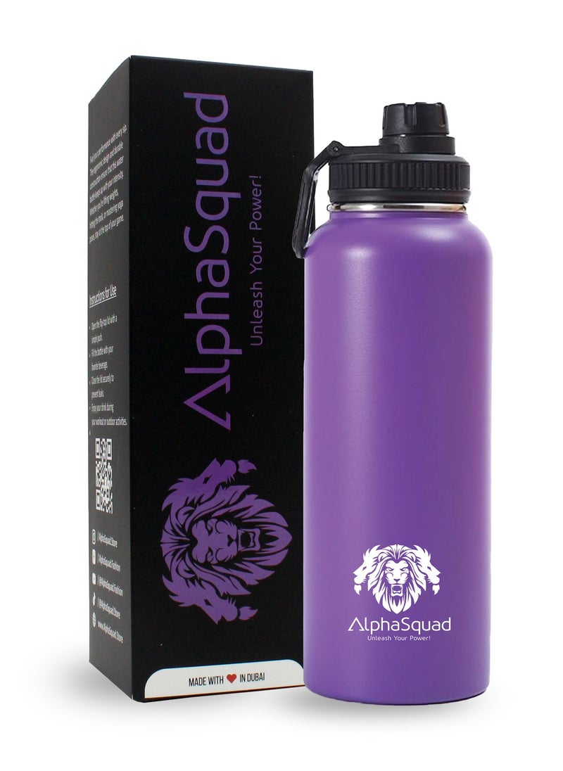AlphaSquad - 40Oz / 1200Ml Vacuum Insulated Flask, Double Walled Thermolab Series Stainless Steel Sports Water Bottle With Straw Lid, 2 Lids Included, Hot Cold Thermos, Sports Bottle (Purple) - Image 1