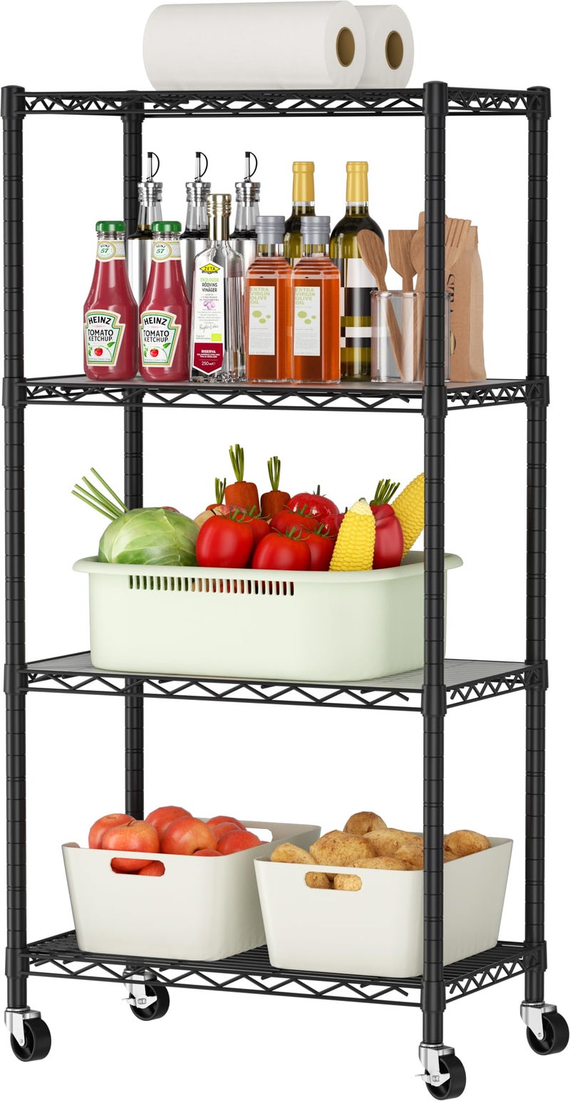Golpart 4 Tier Shelves Storage Shelf Wire Closet Bathroom Organizers Metal Pantry Kitchen Garage Shelving Unit Laundry Room Organization Home Rack Net Basket Black with Wheels 14â€D X 24â€W X 48.9â€H - Image 1