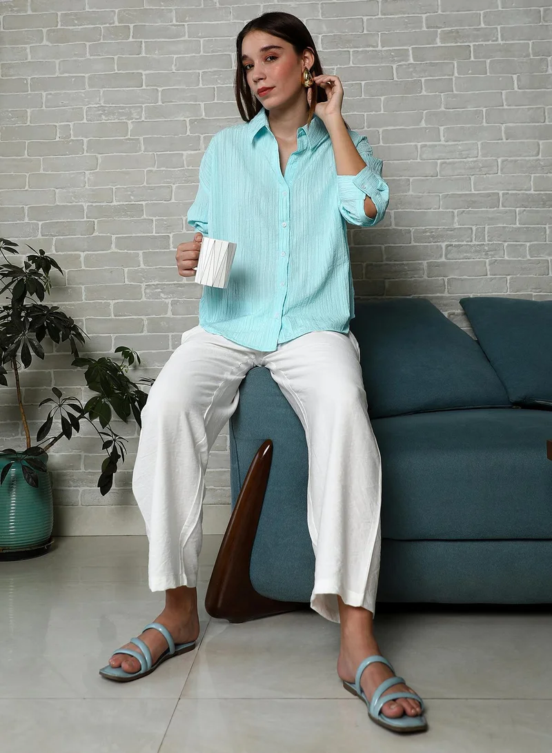 PINACOLADA Women's Aqua Blue Crumble-Veined Oversized Shirt Women's Aqua Blue Crumble-Veined Oversized Shirt for Women | Best Price UAE