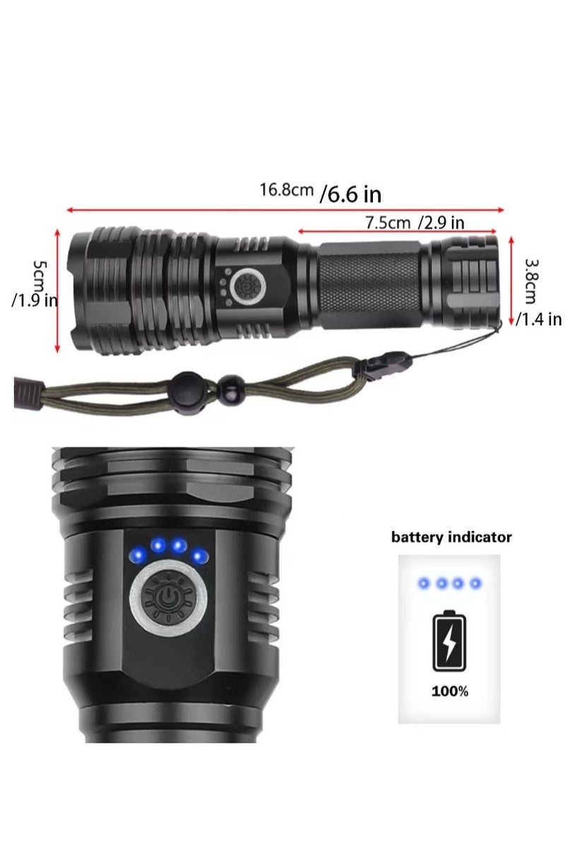 فلوشرينيك مصابيح LED قابلة لإعادة الشحن عالية لومن ، 90000 لومن سوبر مشرقة مصابيح تكتيكية ، Xhp70.2 قابل للتزور ضوء فلاش مقاوم للماء 5 أوضاع للتخييم ، المشي لمسافات طويلة ، في الهواء الطلق ، حالات الطوارئ - Image 2