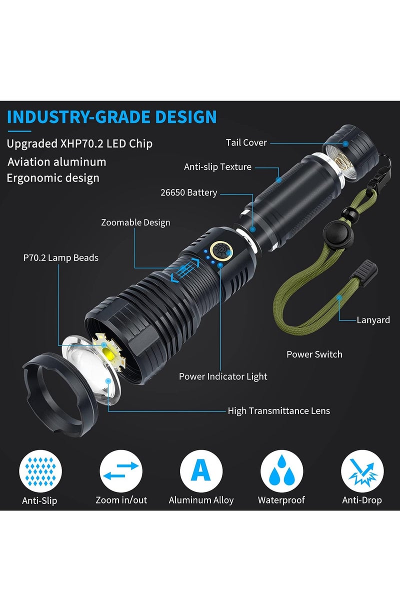 فلوشرينيك مصابيح LED قابلة لإعادة الشحن عالية لومن ، 90000 لومن سوبر مشرقة مصابيح تكتيكية ، Xhp70.2 قابل للتزور ضوء فلاش مقاوم للماء 5 أوضاع للتخييم ، المشي لمسافات طويلة ، في الهواء الطلق ، حالات الطوارئ - Image 3