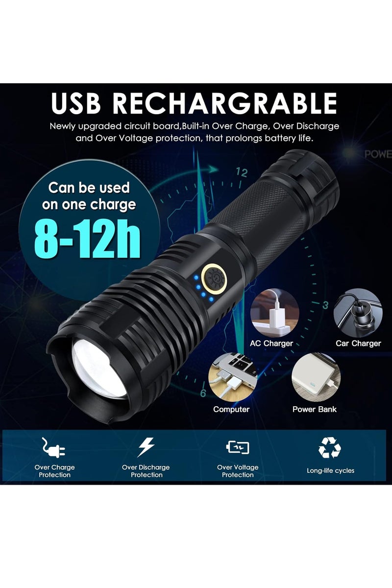 فلوشرينيك مصابيح LED قابلة لإعادة الشحن عالية لومن ، 90000 لومن سوبر مشرقة مصابيح تكتيكية ، Xhp70.2 قابل للتزور ضوء فلاش مقاوم للماء 5 أوضاع للتخييم ، المشي لمسافات طويلة ، في الهواء الطلق ، حالات الطوارئ - Image 5