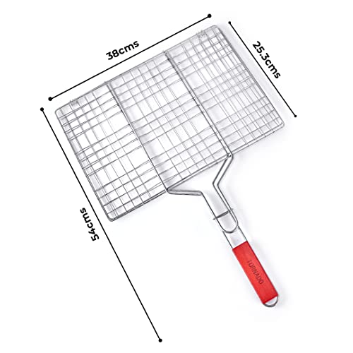 Freshome Large 54 x 38 x 2.5 cm Mild Steel Portable Barbecue BBQ Grill Net Basket Roast Grilling Tray Plated with Wooden Handle for Barbecue, Roasting, Camping, Outdoor Cooking, Fish, Meat, Vegetables (54 x 38 x 2.5 cm) - Image 2