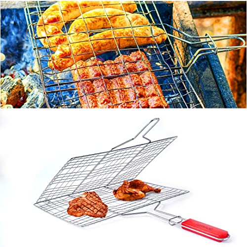 Freshome Large 54 x 38 x 2.5 cm Mild Steel Portable Barbecue BBQ Grill Net Basket Roast Grilling Tray Plated with Wooden Handle for Barbecue, Roasting, Camping, Outdoor Cooking, Fish, Meat, Vegetables (54 x 38 x 2.5 cm) - Image 5